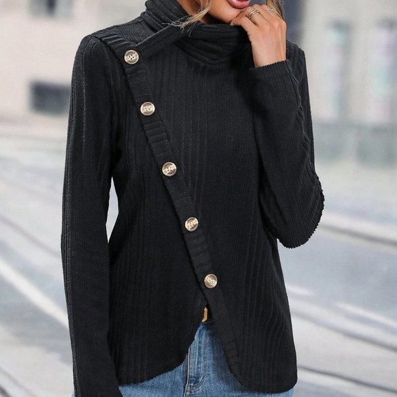 Black Casual Womens Button Detail Asymmetrical Hem Tee - Picture 5 of 5